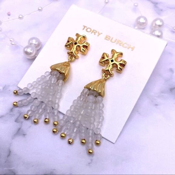 NWOT Tory Burch Gold Roxanne, White Beaded Dangle Stud Earings - Picture 6 of 9